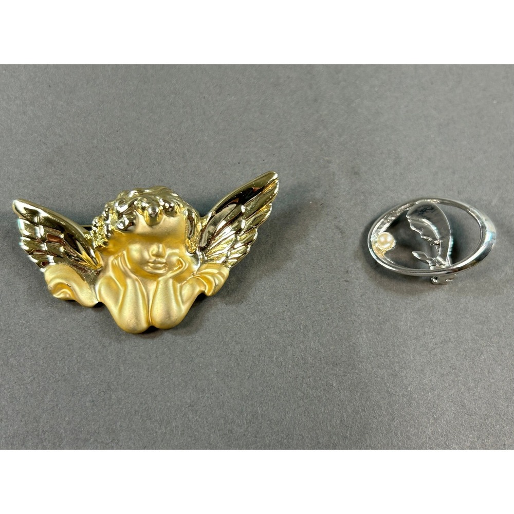 Vintage Angel Cherub Brooch Gold Tone & Virgin Mary Pin Silver Tone Pearl Set